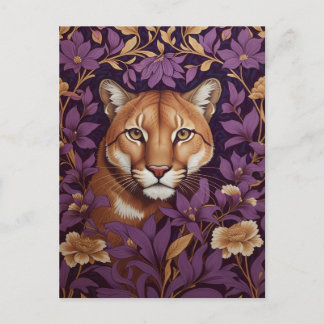 Cougar Face Among Deep Purple Foliage and Flowers Postcard