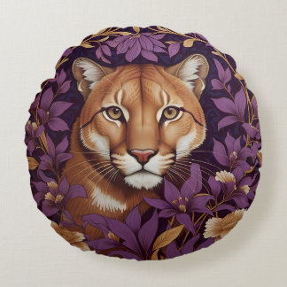 Cougar Face Among Deep Purple Foliage and Flowers Round Pillow