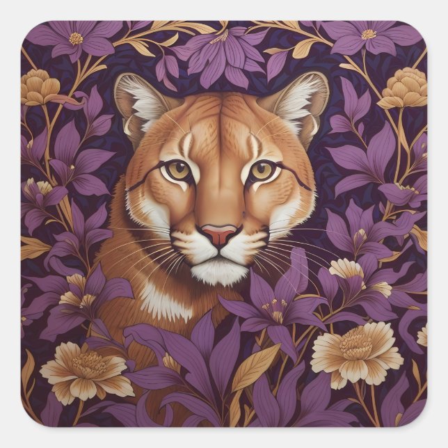 Cougar Face Among Deep Purple Foliage and Flowers Square Sticker (Front)