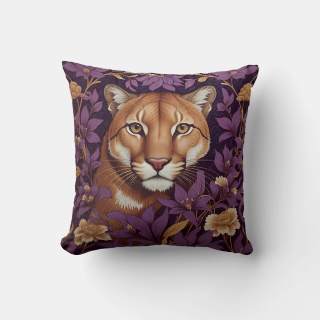 Cougar Face Among Deep Purple Foliage and Flowers Throw Pillow (Front)