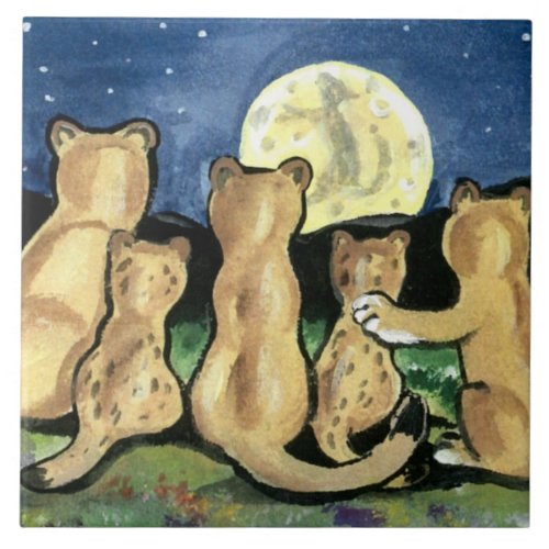 Cougar Family Watching Moon 6 Tile Trivet