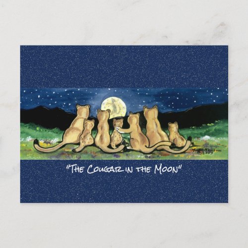 Cougar in the Moon Whimsical Watercolor Postcard