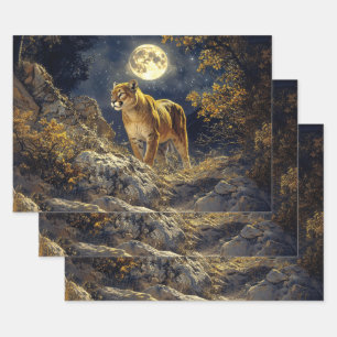 Cougar in the Moonlight Wildlife Art Decoupage Wrapping Paper Sheets