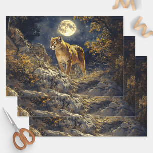 Cougar in the Moonlight Wildlife Art Decoupage Wrapping Paper Sheets