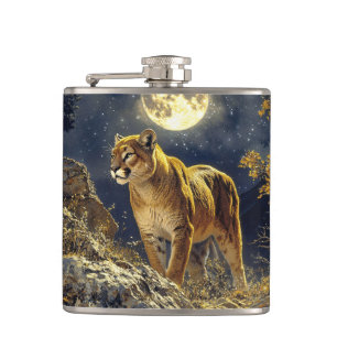 Cougar in the Moonlight Wildlife Art Flask