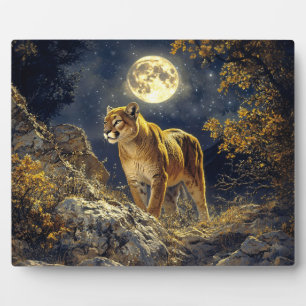 Cougar in the Moonlight Wildlife Art Plaque