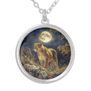 Cougar in the Moonlight Wildlife Art Silver Plated Necklace