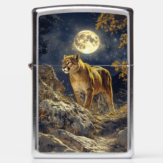 Cougar in the Moonlight Wildlife Art Zippo Lighter (Front)