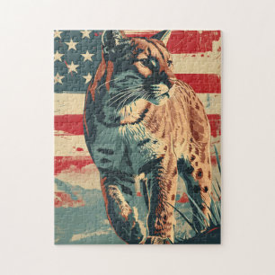 Cougar Mountain Lion American Flag Vintage Jigsaw Puzzle