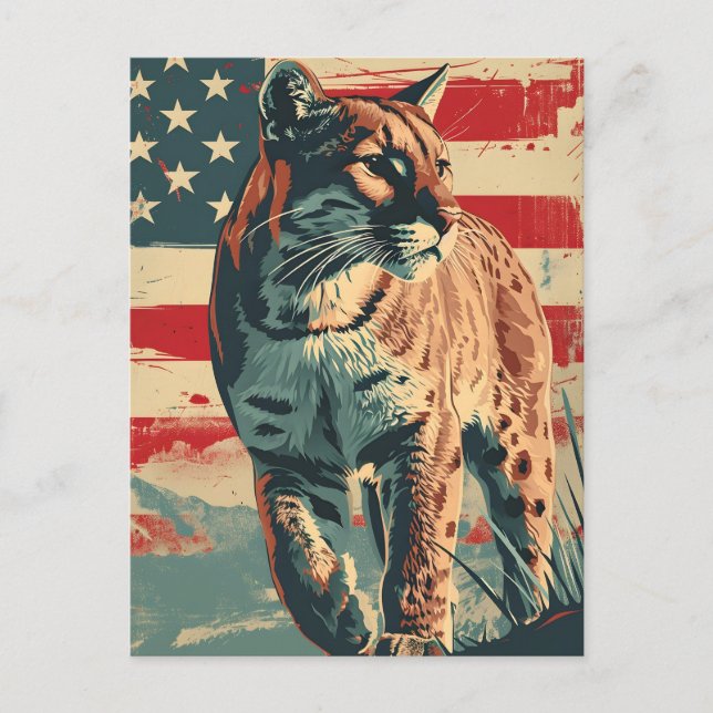 Cougar Mountain Lion American Flag Vintage Postcard (Front)