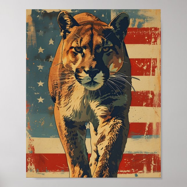 Cougar Mountain lion american flag vintage Poster (Front)