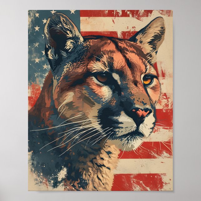 Cougar Mountain lion American flag Vintage Poster (Front)