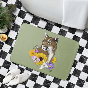 Cougar Mountain Lion Puma Flowers Bath Mat