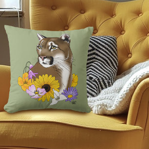 Cougar Mountain Lion Puma Flowers Throw Pillow