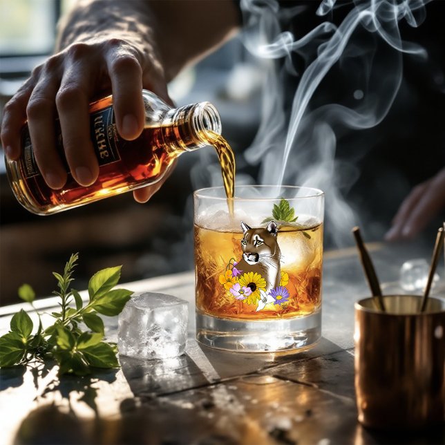 Cougar Mountain Lion Puma Flowers Whiskey Glass (Creator Uploaded)