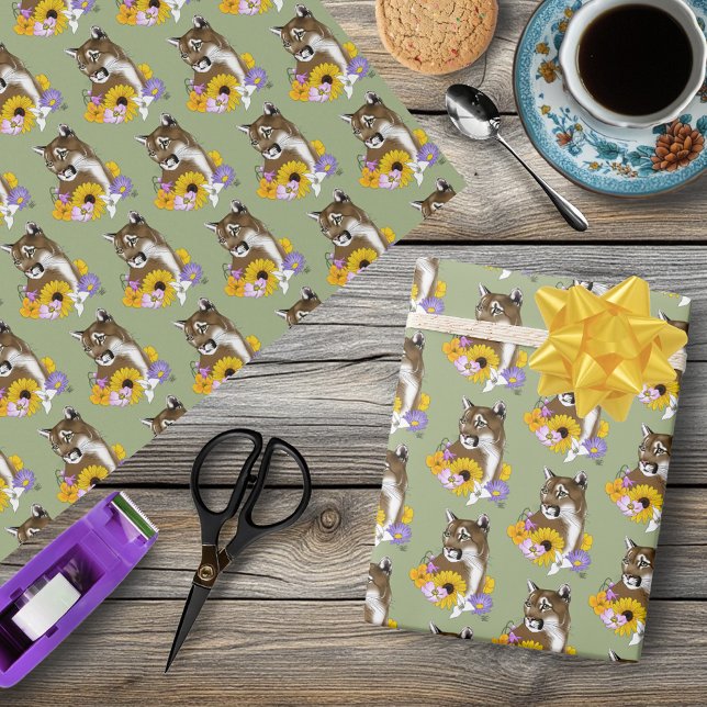 Cougar Mountain Lion Puma Flowers Wrapping Paper (Creator Uploaded)