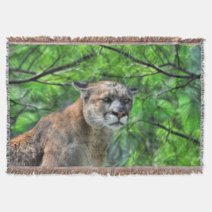Cougar Mountain Lion & Summer Pines Wildlife Image Throw Blanket