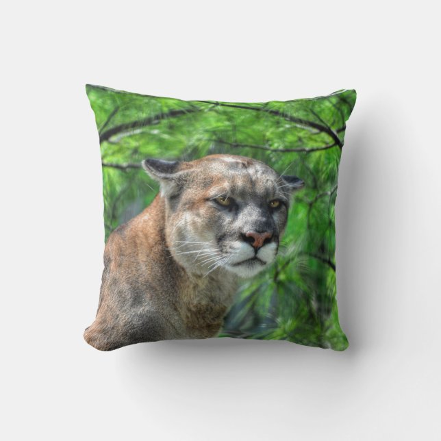 Cougar Mountain Lion & Summer Pines Wildlife Image Throw Pillow (Front)