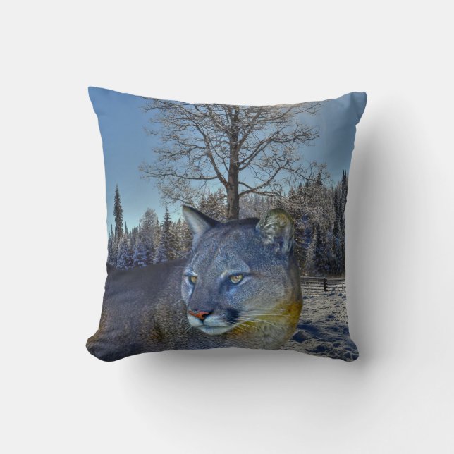 Cougar Mountain Lion & Winter Tree Wildlife Image Throw Pillow (Front)