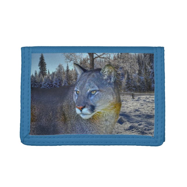 Cougar Mountain Lion & Winter Trees Wildlife Image Tri-fold Wallet (Front)