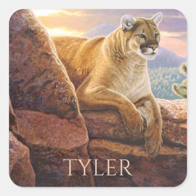 Cougar on Rocks, Colorado Sunset, Acrylic Painting Square Sticker (Front)