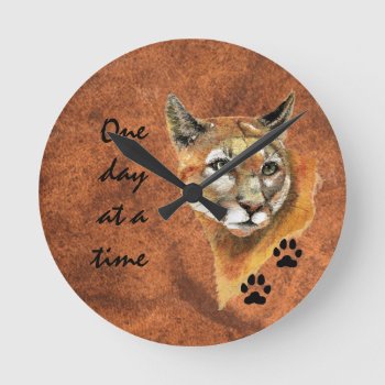 Cougar Puma Mountain Lion "one Day At A Time" Round Clock by countrymousestudio at Zazzle