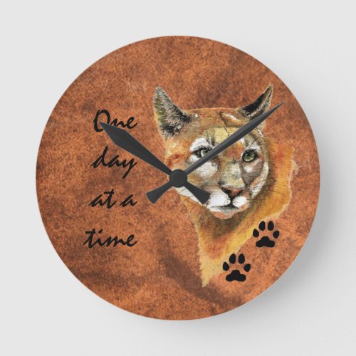 Cougar Puma Mountain Lion One day at a Time Round Clock
