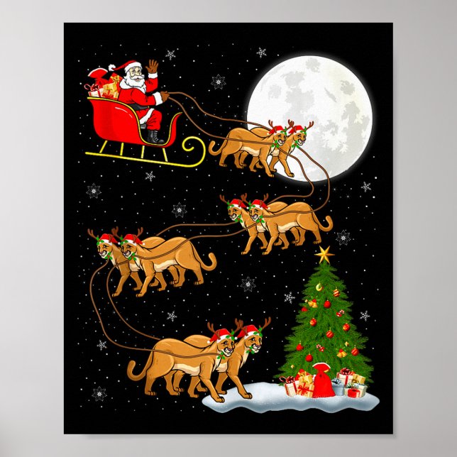 Cougar Santa Sleigh Flying Funny Magical Christmas Poster (Front)