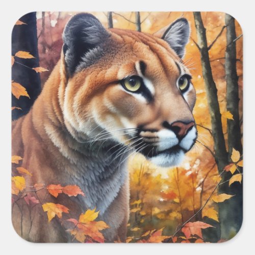 Cougar Watercolor Autumn Cat Art Square Sticker