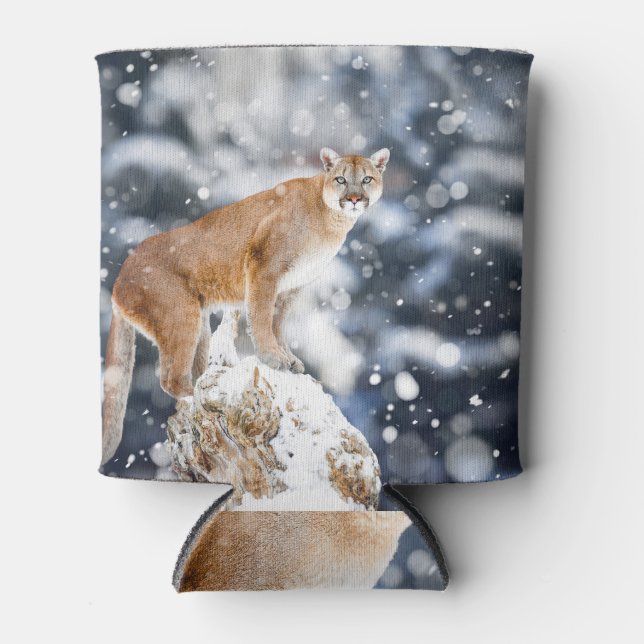 Cougar Winter Mountains Wildlife Portrait Can Cooler (Front)