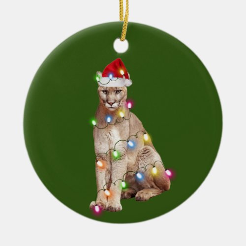 cougar With Hat Lights Christmas Ceramic Ornament