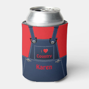 Counrty Folk Overalls Red Heart Personalized Can Cooler