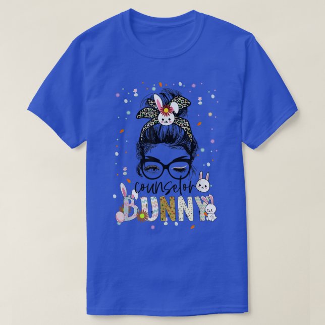 Counselor Bunny Leopard Messy Bun School Counselor T-Shirt (Design Front)
