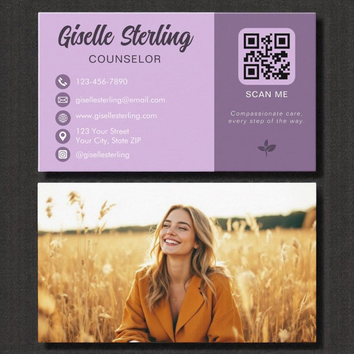 Counselor Lavender Purple QR Code Photo Business Card