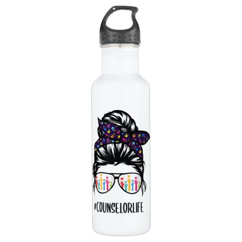 Counselor life messy bun hair glasses back to scho stainless steel water bottle
