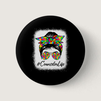 Counselor Messy Bun Women Supporting Autism Awaren Button