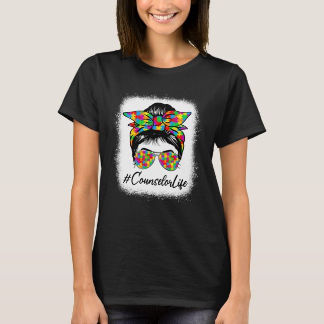 Counselor Messy Bun Women Supporting Autism Awaren T-Shirt (Front)