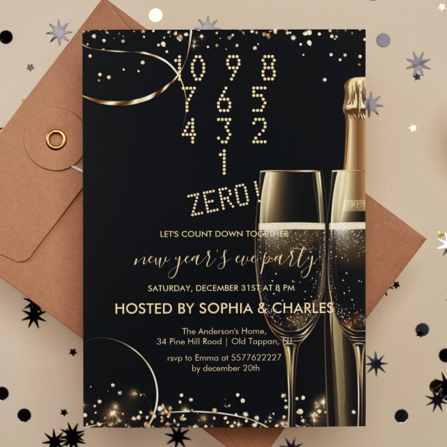 Count Down Gold Champagne New Year's Eve Party Invitation (Creator Uploaded)