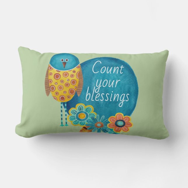 Count Your Blessing Retro Bird and Flowers Lumbar Pillow (Front)