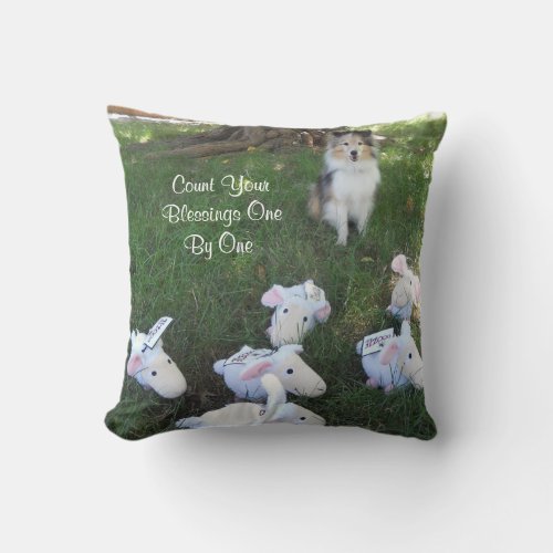 Count Your Blessings Sheltie and Sheep Throw Pillow