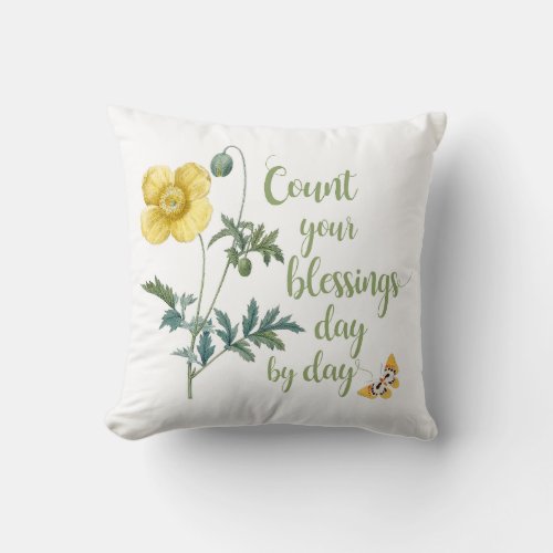 Count your blessings _ vintage Yellow poppy  Throw Pillow