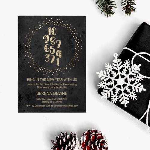 Countdown Black And Gold New Years Party  Invitation