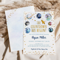 Countdown Has Begun Blue Gold Space Baby Shower Invitation