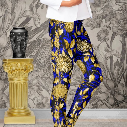 Countess Gold Chain Floral Black And Blue Damask Leggings