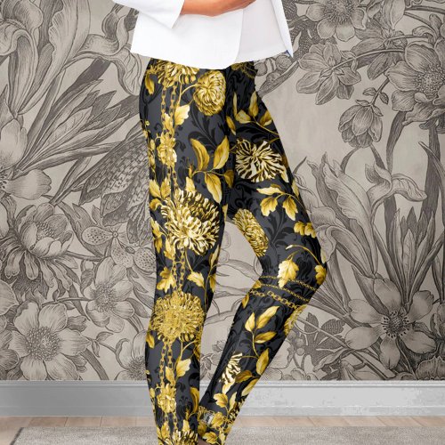 Countess Gold Chain Floral Black On Black Damask Leggings