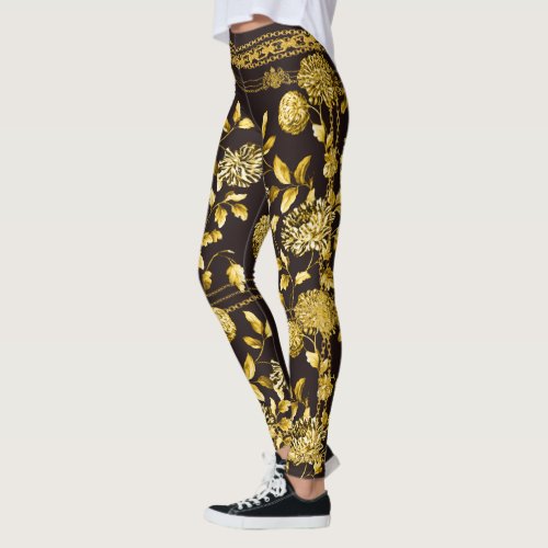 Countess Gold Chain Lion Emblem Floral Espresso Leggings