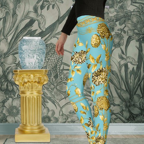 Countess Gold Floral Chains Acanthus Swirls Blue Leggings