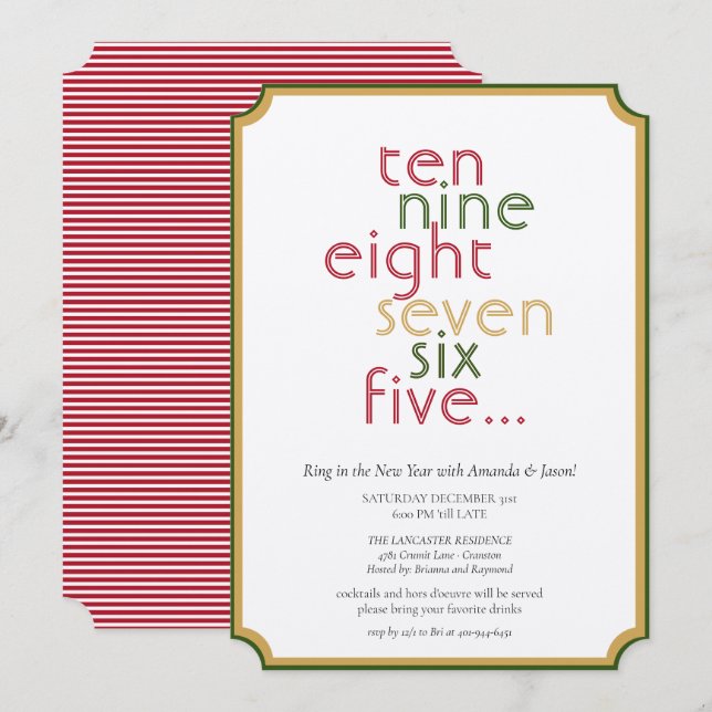 Counting Down Red Green Gold New Years Eve Party  Invitation (Front/Back)