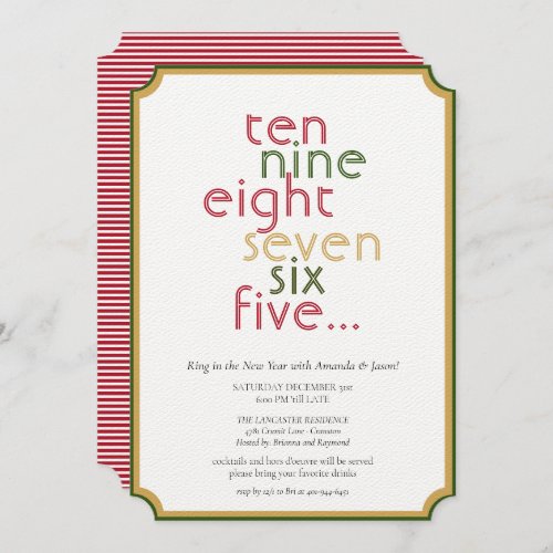 Counting Down Red Green Gold New Years Eve Party  Invitation