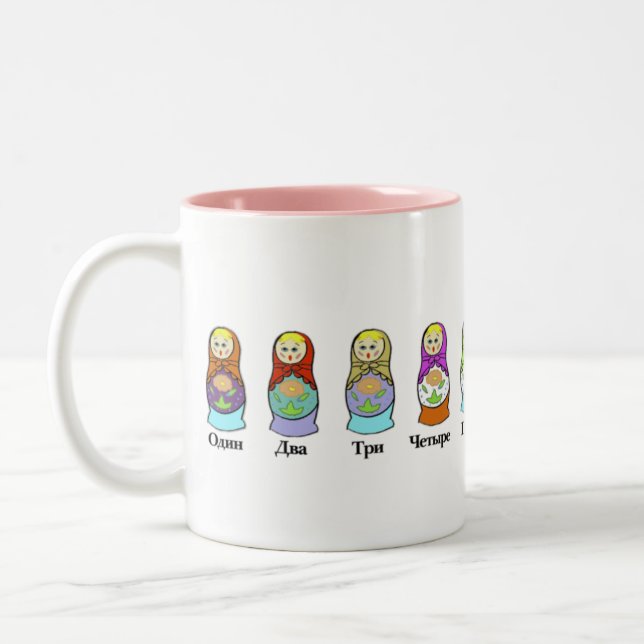 Counting Russian Nesting Dolls  (matroshka) Two-Tone Coffee Mug (Left)